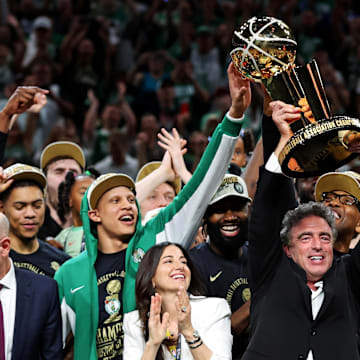 Jun 17, 2024; Boston, Massachusetts, USA; Boston Celtics owner Wyc Grousbeck celebrates with the Larry O’Brien Trophy after the Boston Celtics beat the Dallas Mavericks in game five of the 2024 NBA Finals at TD Garden. Mandatory Credit: Peter Casey-Imagn Images