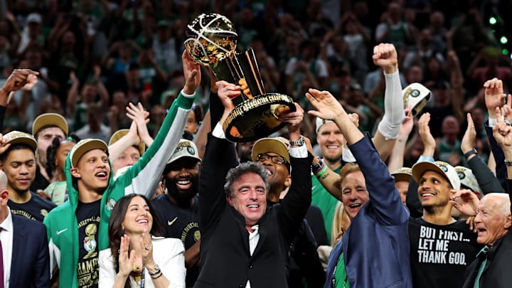 Jun 17, 2024; Boston, Massachusetts, USA; Boston Celtics owner Wyc Grousbeck celebrates with the Larry O’Brien Trophy after the Boston Celtics beat the Dallas Mavericks in game five of the 2024 NBA Finals at TD Garden. Mandatory Credit: Peter Casey-Imagn Images