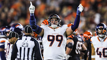 Dec 28, 2024; Cincinnati, Ohio, USA; Denver Broncos defensive end Zach Allen (99) reacts after a play against the Cincinnati Bengals in the second half at Paycor Stadium. Mandatory Credit: Katie Stratman-Imagn Images