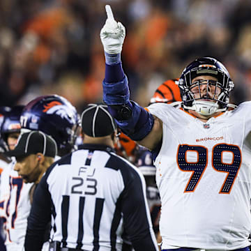Dec 28, 2024; Cincinnati, Ohio, USA; Denver Broncos defensive end Zach Allen (99) reacts after a play against the Cincinnati Bengals in the second half at Paycor Stadium. 