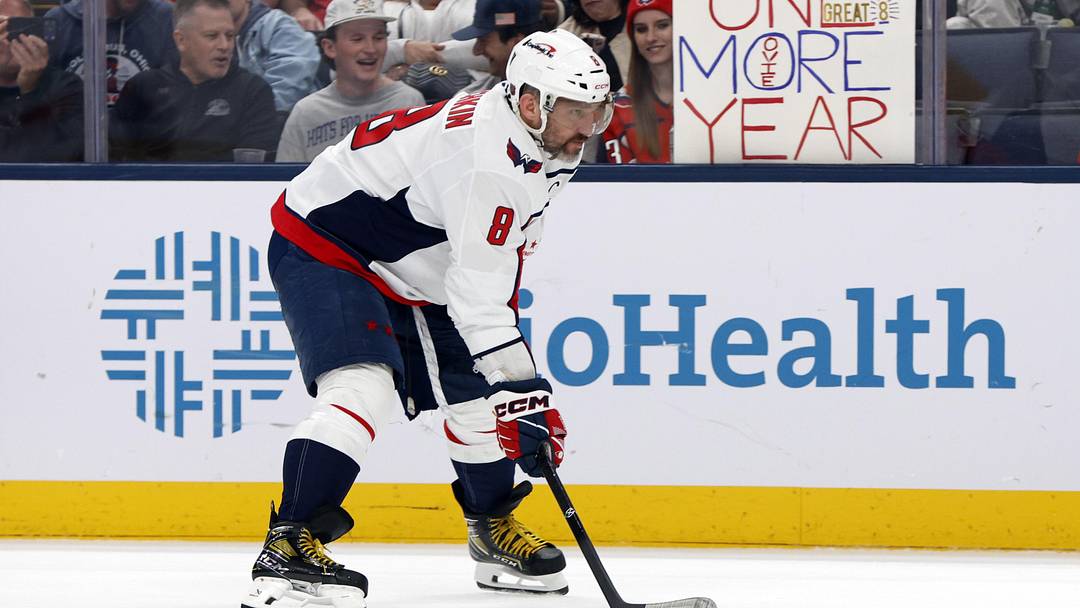 Apr 14, 2026; Columbus, Ohio, USA; Washington Capitals left wing Alex Ovechkin (8) waits for the face-off against the Columbus Blue Jackets during the third period at Nationwide Arena. Mandatory Credit: Russell LaBounty-Imagn Images