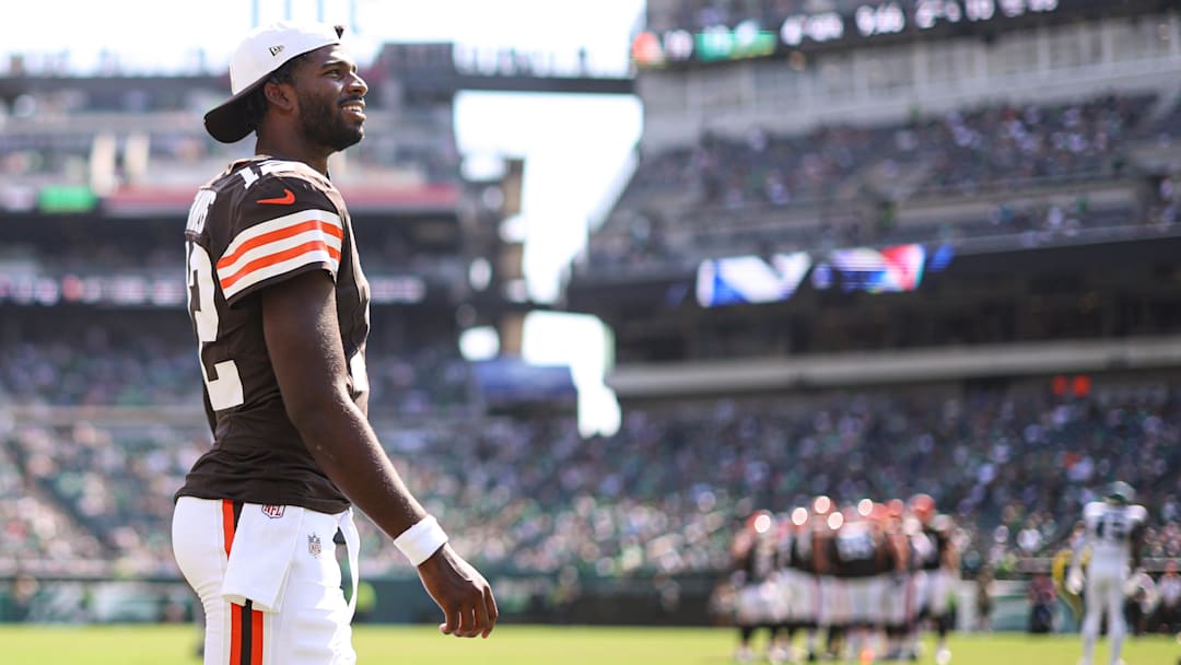 Aug 16, 2025; Philadelphia, Pennsylvania, USA; Cleveland Browns quarterback Shedeur Sanders (12) watches third quarter action against the Philadelphia Eagles at Lincoln Financial Field. Mandatory Credit: Bill Streicher-Imagn Images