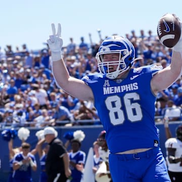 Memphis' tight end Brendan Doyle (86) celebrates after scoring a touchdown during the game between Troy University and the University of Memphis at Simmons Bank Liberty Stadium in Memphis, Tenn., on Saturday, September 7, 2024.