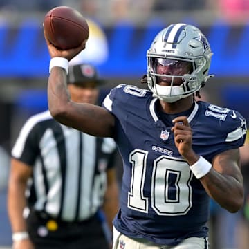 Dallas Cowboys quarterback Joe Milton III throws a pass during the first half against the Los Angeles Rams at SoFi Stadium. 