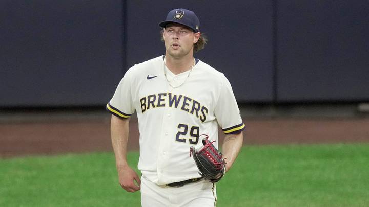 Milwaukee Brewers pitcher Trevor Megill (29) is shown after giving up an RBI single during the ninth inning of their game against the Toronto Blue Jays Tuesday, April 14, 2026 at American Family Field in Milwaukee, Wisconsin.