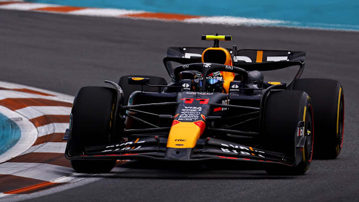 May 4, 2024; Miami Gardens, Florida, USA; Red Bull Racing driver Sergio Perez (11) during the F1 Sprint Race at Miami International Autodrome. Mandatory Credit: Peter Casey-Imagn Images