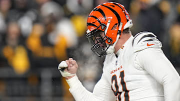 Jan 4, 2025; Pittsburgh, Pennsylvania, USA; Cincinnati Bengals defensive end Trey Hendrickson (91) celebrates as the Pittsburgh Steelers prepare to punt in the fourth quarter at Acrisure Stadium. The Bengals won 19-17 to finish the regular season at 9-8. Mandatory Credit: Sam Greene/USA TODAY Network via Imagn Images