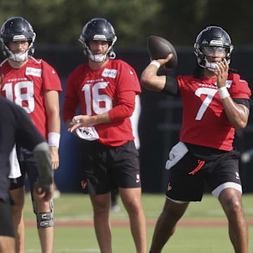 Jul 24, 2025; Houston, TX, USA; Houston Texans quarterback C.J. Stroud (7) during training camp at Houston Methodist Training Center. Mandatory Credit: Troy Taormina-Imagn Images