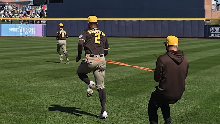 Feb 20, 2026; Peoria, Arizona, USA; San Diego Padres shortstop Xander Bogaerts (2) warms up prior to the game against the Seattle Mariners during a Spring Training game at Peoria Sports Complex. Mandatory Credit: Matt Kartozian-Imagn Images