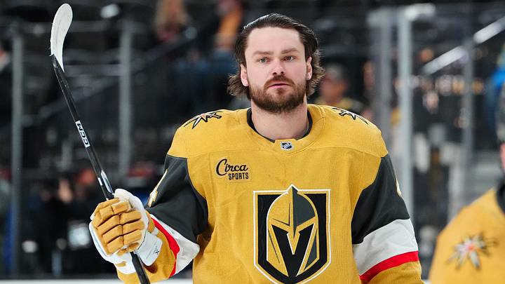 Jan 29, 2026; Las Vegas, Nevada, USA; Vegas Golden Knights defenseman Rasmus Andersson (4) warms up before a game against the Dallas Stars at T-Mobile Arena. Mandatory Credit: Stephen R. Sylvanie-Imagn Images