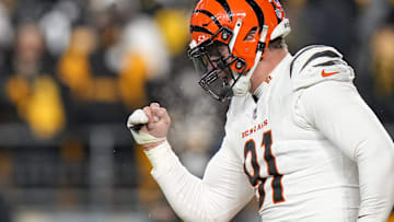 Jan 4, 2025; Pittsburgh, Pennsylvania, USA; Cincinnati Bengals defensive end Trey Hendrickson (91) celebrates as the Pittsburgh Steelers prepare to punt in the fourth quarter at Acrisure Stadium. The Bengals won 19-17 to finish the regular season at 9-8. Mandatory Credit: Sam Greene/USA TODAY Network via Imagn Images