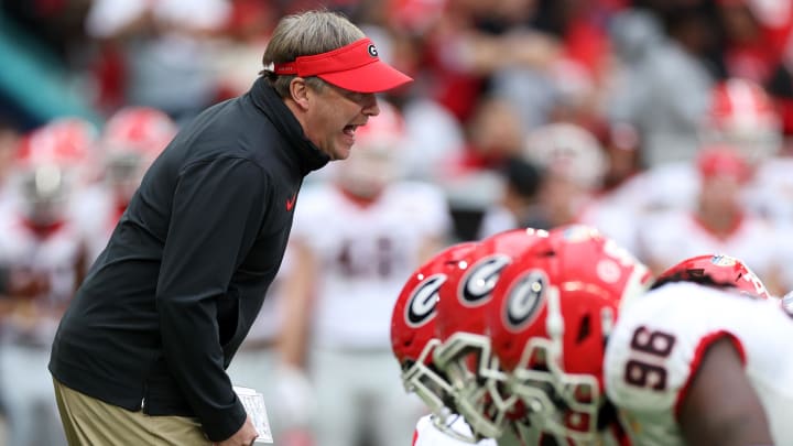 Dec 30, 2023; Miami Gardens, FL, USA; Georgia Bulldogs head coach Kirby Smart before the 2023 Orange Bowl against the Florida State Seminoles at Hard Rock Stadium. Mandatory Credit: Nathan Ray Seebeck-USA TODAY Sports