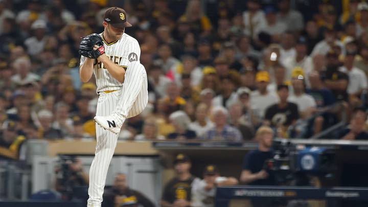 Oct 6, 2026; San Diego, California, USA;  San Diego Padres pitcher Michael King (34) pitches during the eighth inning against the Milwaukee Brewers in game three of the NLDS for the 2026 MLB Playoffs at Petco Park.  Mandatory Credit: David Frerker-Imagn Images