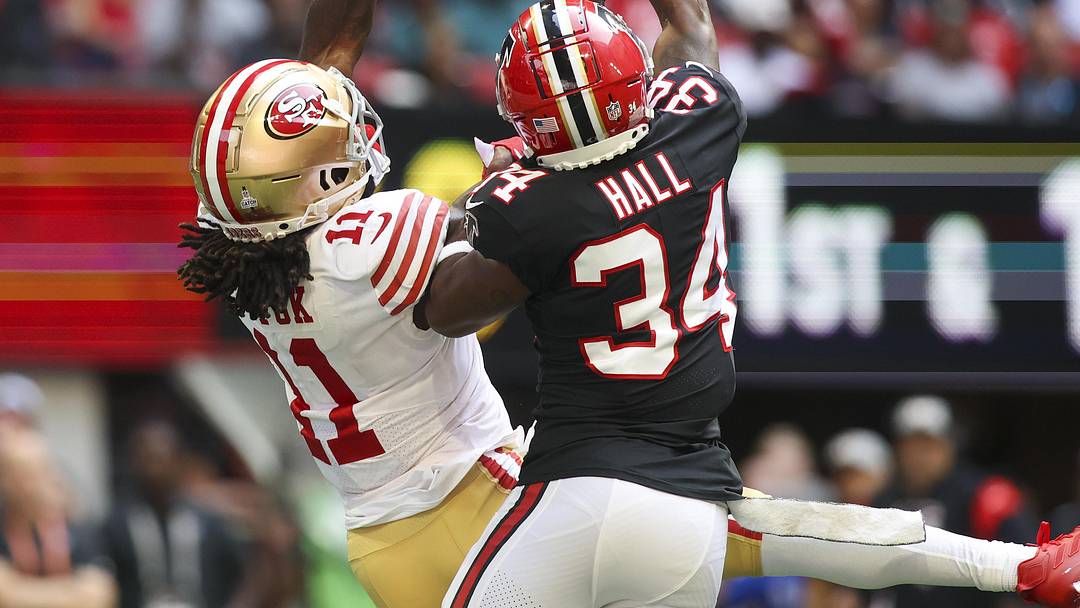 Atlanta Falcons cornerback Darren Hall breaks up a pass intended for Brandon Aiyuk