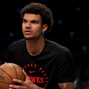 Apr 10, 2025; Brooklyn, New York, USA; Atlanta Hawks forward Dominick Barlow (0) warms up before a game against the Brooklyn Nets at Barclays Center. Mandatory Credit: Brad Penner-Imagn Images