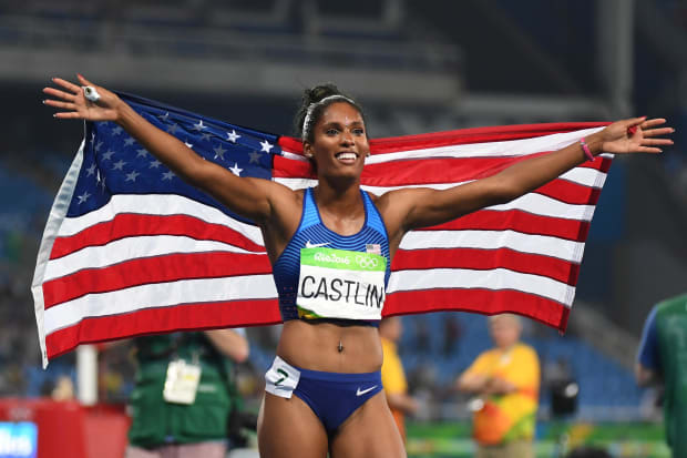 Kristi Castlin celebrates after winning a medal in the women's 100m hurdles in the 2016 Olympics