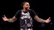 Feb 12, 2025; Brooklyn, New York, USA; Brooklyn Nets guard D'Angelo Russell (1) reacts during the fourth quarter against the Philadelphia 76ers at Barclays Center. Mandatory Credit: Brad Penner-Imagn Images