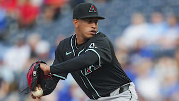 Jul 22, 2024; Kansas City, Missouri, USA; Arizona Diamondbacks starting pitcher Yilber Diaz (45) pitches during the first inning against the Kansas City Royals at Kauffman Stadium. Mandatory Credit: Jay Biggerstaff-Imagn Images