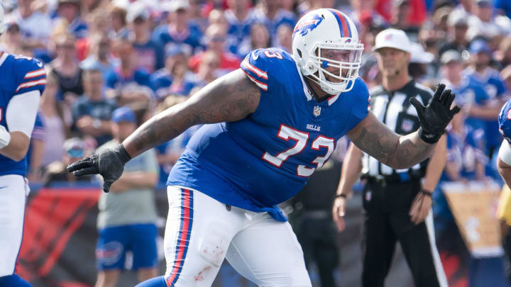 Sep 17, 2023; Orchard Park, New York, USA; Buffalo Bills offensive tackle Dion Dawkins (73) blocks in the third quarter against the Las Vegas Raiders at Highmark Stadium.  