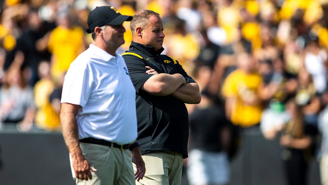 Iowa defensive coordinator Phil Parker, left, and assistant defensive coordinator and linebackers coach Seth Wallace watch players warm up before a NCAA football game against South Dakota State, Saturday, Sept. 3, 2022, at Kinnick Stadium in Iowa City, Iowa.

220903 Sdsu Iowa Fb 014 Jpg