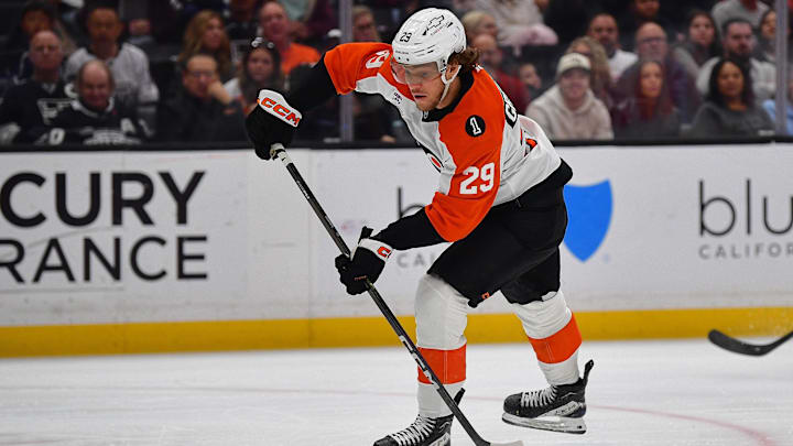 Mar 19, 2026; Los Angeles, California, USA; Philadelphia Flyers right wing Nikita Grebenkin (29) moves in for a shot on goal against the Los Angeles Kings during the third period at Crypto.com Arena. 