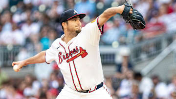 Sep 29, 2024; Cumberland, Georgia, USA; Atlanta Braves pitcher Luke Jackson (22) pitches the ball against the Kansas City Royals during  the ninth inning at Truist Park. Mandatory Credit: Jordan Godfree-Imagn Images
