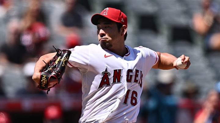 Aug 30, 2026; Anaheim, California, USA;  Los Angeles Angels pitcher Yusei Kikuchi (16) delivers during the first inning against the Philadelphia Phillies at Angel Stadium.  Mandatory Credit: William Liang-Imagn Images