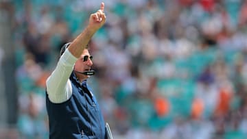 Sep 14, 2025; Miami Gardens, Florida, USA; New England Patriots head coach Mike Vrabel reacts against the Miami Dolphins during the first quarter at Hard Rock Stadium. Mandatory Credit: Sam Navarro-Imagn Images