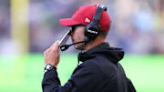 Nov 9, 2025; Seattle, Washington, USA; Arizona Cardinals head coach Jonathan Gannon looks on during the second quarter against the Seattle Seahawks at Lumen Field. Mandatory Credit: Kevin Ng-Imagn Images