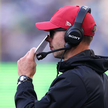 Nov 9, 2025; Seattle, Washington, USA; Arizona Cardinals head coach Jonathan Gannon looks on during the second quarter against the Seattle Seahawks at Lumen Field. Mandatory Credit: Kevin Ng-Imagn Images
