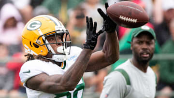 Former Green Bay Packers wide receiver Juwann Winfree (88) catches a pass during training camp on Monday, Aug. 8, 2022, at Ray Nitschke Field in Ashwaubenon, Wis. 