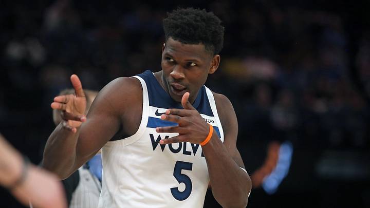 Jan 31, 2026; Memphis, Tennessee, USA; Minnesota Timberwolves guard Anthony Edwards (5) reacts during the fourth quarter against the Memphis Grizzlies at FedExForum. Mandatory Credit: Petre Thomas-Imagn Images