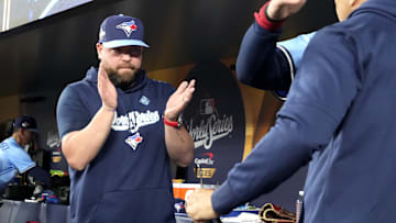 Oct 31, 2025; Toronto, Ontario, CAN; Toronto Blue Jays manager John Schneider (14) reacts in the dugout before game six of the 2025 MLB World Series between the Toronto Blue Jays and the Los Angeles Dodgers at Rogers Centre. Mandatory Credit: John E. Sokolowski-Imagn Images