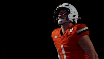 Oct 18, 2025; Charlottesville, Virginia, USA; Virginia Cavaliers linebacker James Jackson (1) celebrates after a safety against the Washington State Cougars in the final minutes of the fourth quarter at Scott Stadium. Mandatory Credit: Geoff Burke-Imagn Images