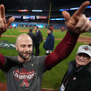 Arizona Diamondbacks infielder Christian Walker celebrates their 4-2 win over the Philadelphia Phillies in Game 7 of their NLCS at Citizens Bank Park in Philadelphia on Oct. 24, 2023.