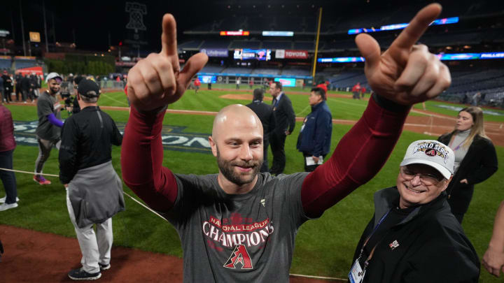 Arizona Diamondbacks infielder Christian Walker celebrates their 4-2 win over the Philadelphia Phillies in Game 7 of their NLCS at Citizens Bank Park in Philadelphia on Oct. 24, 2023.