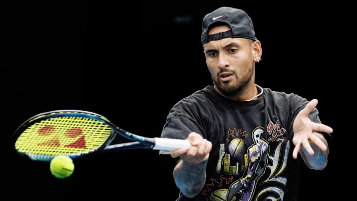 Nick Kyrgios warms up before a tournament. Nick Kyrgios warms up before a tournament.