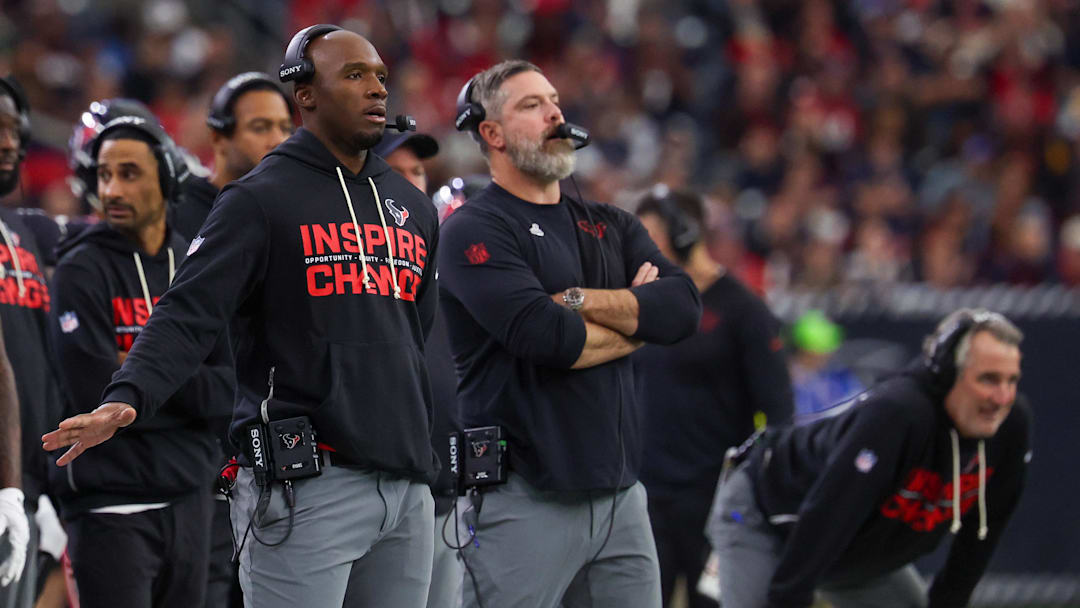Dec 14, 2025; Houston, Texas, USA; Houston Texans head coach DeMeco Ryans coaches against the Arizona Cardinals in the first quarter at NRG Stadium. Mandatory Credit: Thomas Shea-Imagn Images
