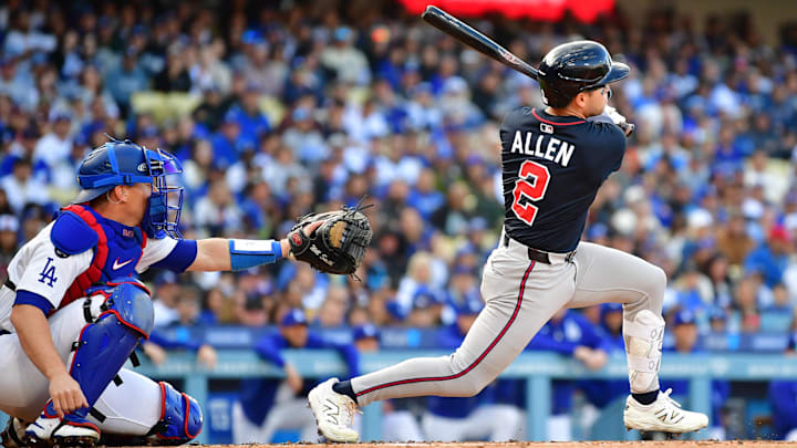 Apr 2, 2025; Los Angeles, California, USA; Atlanta Braves shortstop Nick Allen (2) hits a RBI single during the first inning against the Los Angeles Dodgers at Dodger Stadium. Mandatory Credit: Gary A. Vasquez-Imagn Images Apr 2, 2025; Los Angeles, California, USA; Atlanta Braves shortstop Nick Allen (2) hits a RBI single during the first inning against the Los Angeles Dodgers at Dodger Stadium. Mandatory Credit: Gary A. Vasquez-Imagn Images