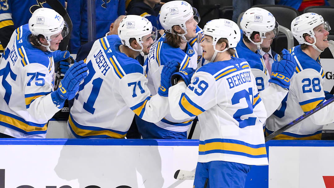 Dec 18, 2025; St. Louis, Missouri, USA; St. Louis Blues right wing Jonatan Berggren (29) is congratulated by teammates after scoring against the New York Rangers during the first period at Enterprise Center. Mandatory Credit: Jeff Curry-Imagn Images