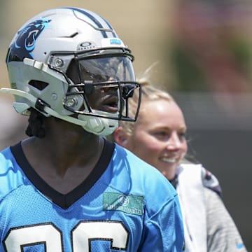 Jun 11, 2025; Charlotte, NC, USA; Carolina Panthers cornerback Chau Smith-Wade (26) during minicamp at Bank of America Stadium. Mandatory Credit: Jim Dedmon-Imagn Images