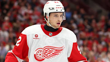 Marco Kasper on the ice while the Detroit Red Wings take on the Chicago Blackhawks.