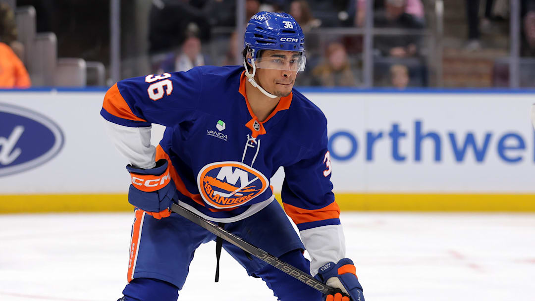 Jan 24, 2026; Elmont, New York, USA; New York Islanders defenseman Isaiah George (36) skates against the Buffalo Sabres during the first period at UBS Arena. Mandatory Credit: Brad Penner-Imagn Images
