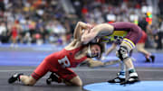 Dylan Shawver of Rutgers (L) wrestles Sean Spidle of Central Michigan (R)