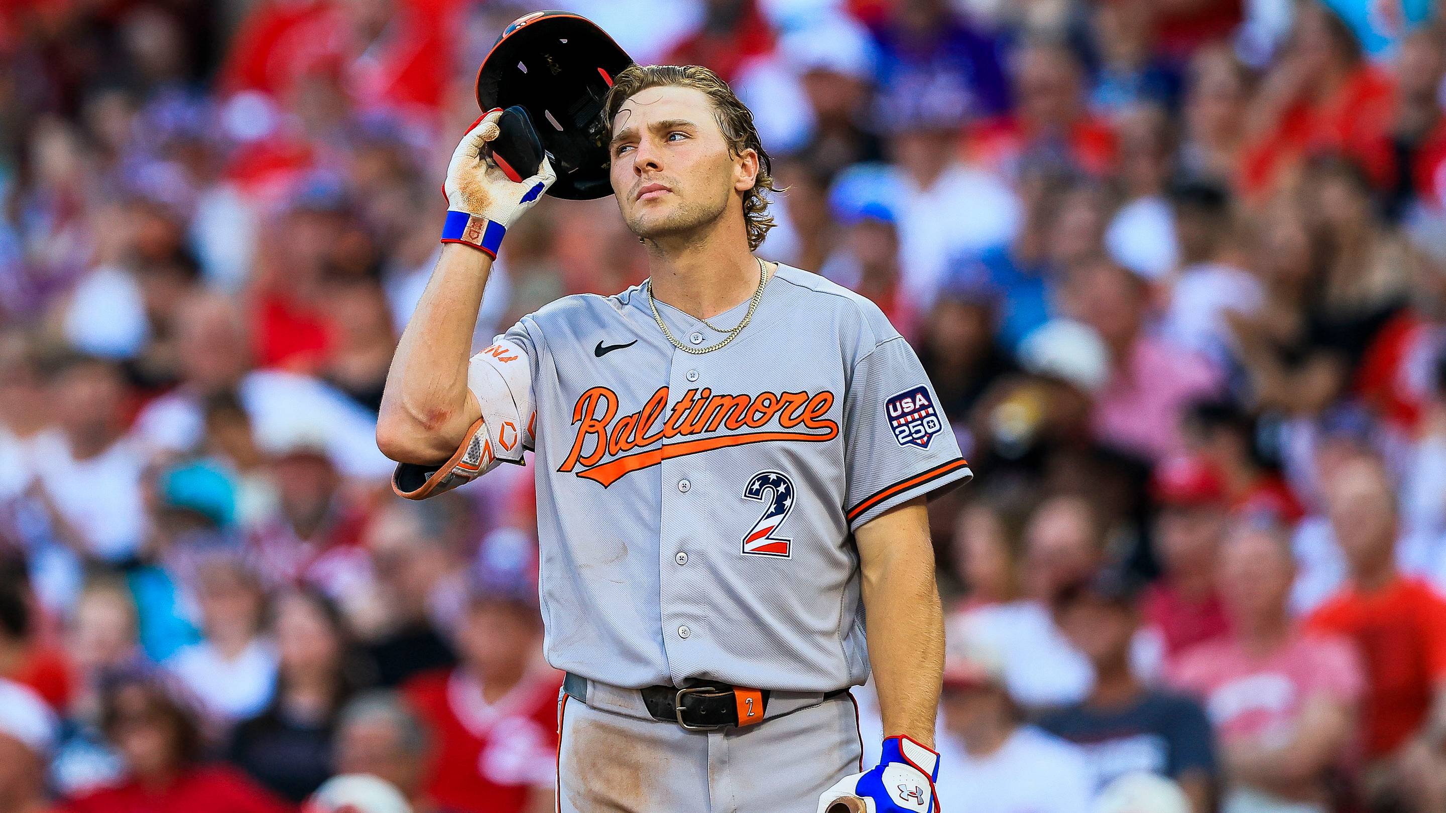Jul 4, 2026; Cincinnati, Ohio, USA; Baltimore Orioles shortstop Gunnar Henderson (2) at bat in the second inning against the Cincinnati Reds at Great American Ball Park. Mandatory Credit: Katie Stratman-Imagn Images