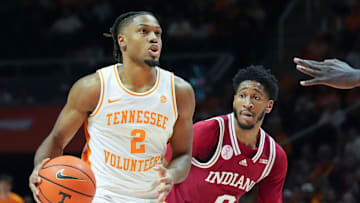 Tennessee guard Chaz Lanier (2) moves towards the basket while guarded by Indiana guard Kanaan Carlyle (9) during a college basketball exhibition game on Sunday, October 27, 2024, in Knoxville. Tenn.