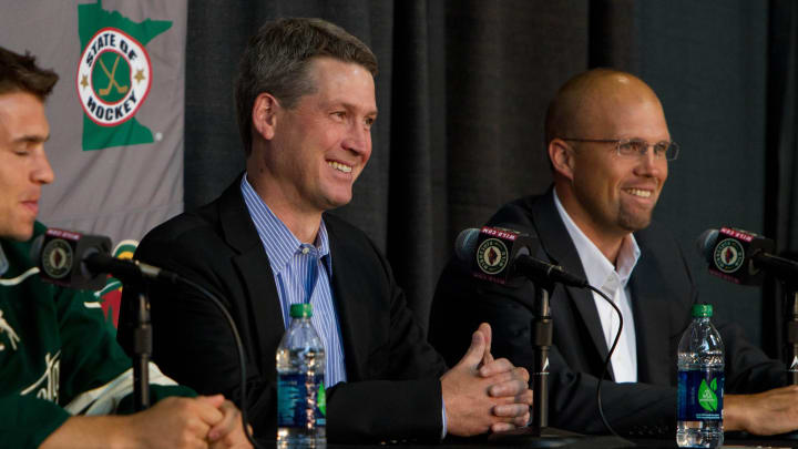 July 9, 2012; St. Paul, MN, USA; Minnesota Wild general manager Chuck Fletcher (left) and head coach Mike Yeo (right) speak to the media during a press conference at the Xcel Energy Center. Mandatory Credit: Brace Hemmelgarn-USA TODAY Sports