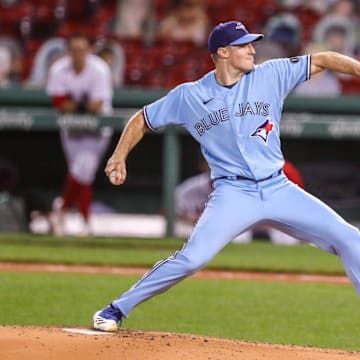 Sep 4, 2020; Boston, Massachusetts, USA; Toronto Blue Jays starting pitcher Ross Stripling (48) throws a pitch during the fourth inning against the Boston Red Sox at Fenway Park. Mandatory Credit: Paul Rutherford-Imagn Images