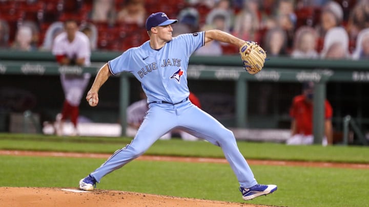 Sep 4, 2020; Boston, Massachusetts, USA; Toronto Blue Jays starting pitcher Ross Stripling (48) throws a pitch during the fourth inning against the Boston Red Sox at Fenway Park. Mandatory Credit: Paul Rutherford-Imagn Images