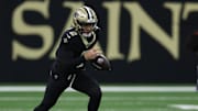 Oct 12, 2025; New Orleans, Louisiana, USA; New Orleans Saints quarterback Spencer Rattler (2) runs for a gain during the first quarter against the New England Patriots at Caesars Superdome. Mandatory Credit: Stephen Lew-Imagn Images